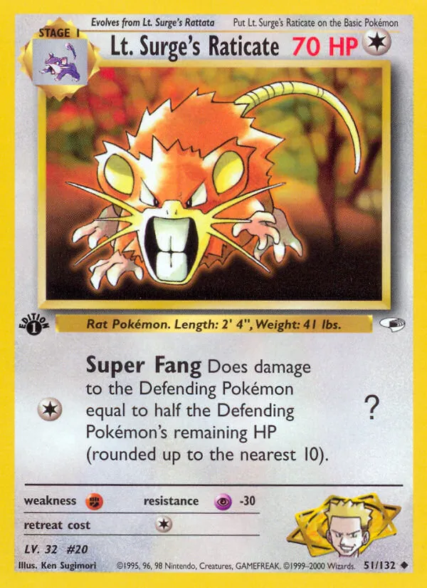 Lt. Surge's Raticate #51, Gym Heroes 1st Edition