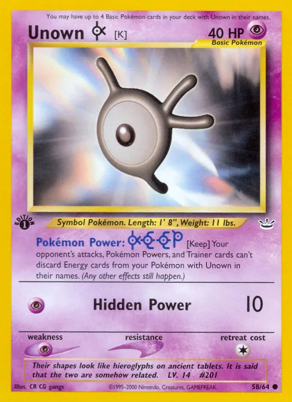 Unown [K] #58, Neo Revelation 1st Edition