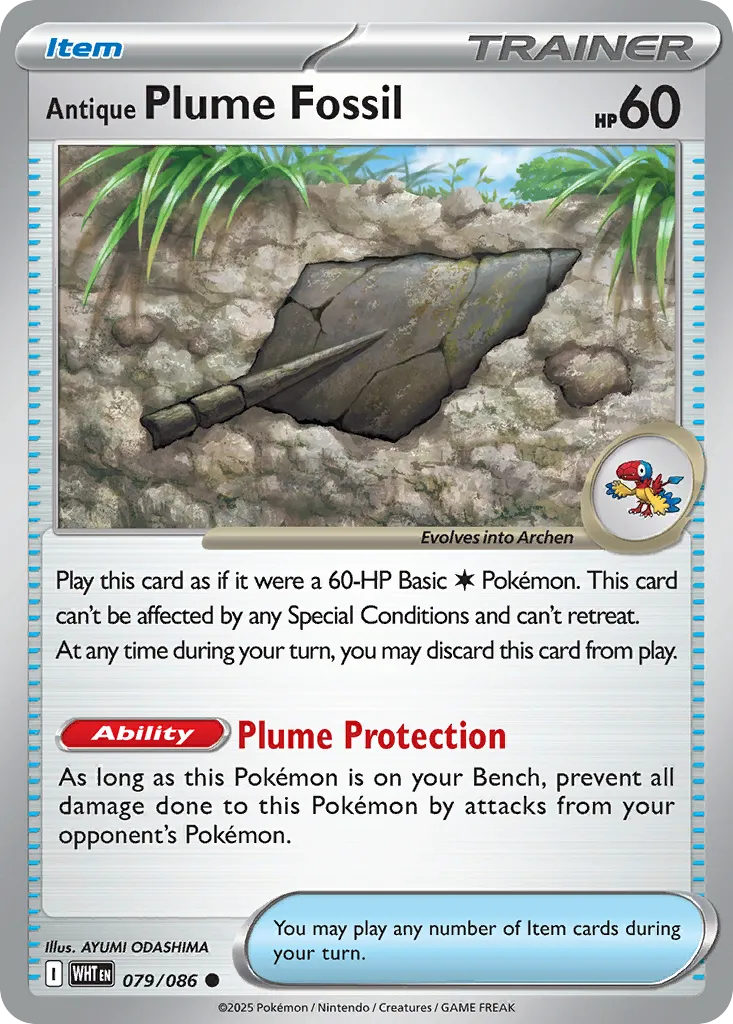 Antique Plume Fossil #79, White Flare Poke Ball Reverse Holo