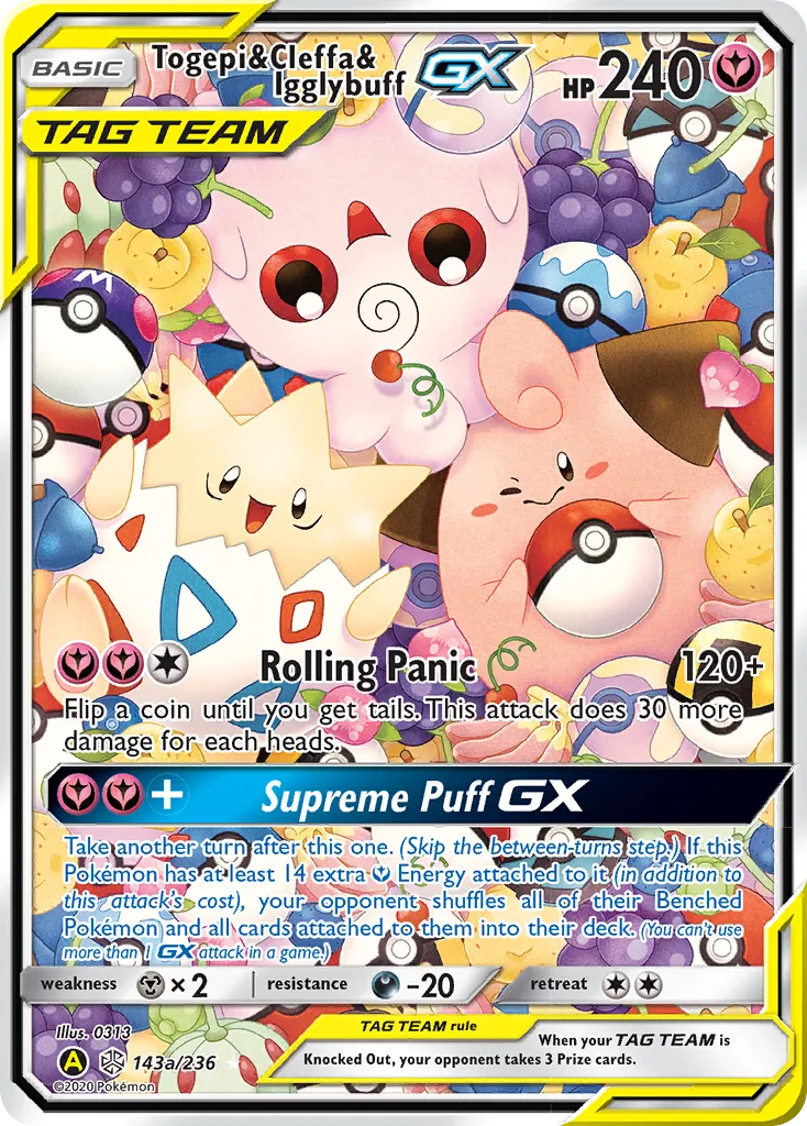 Togepi & Cleffa & Igglybuff-GX #143a, Cosmic Eclipse 2020 Yellow A Alternate Art Small But Mighty Premium Collection