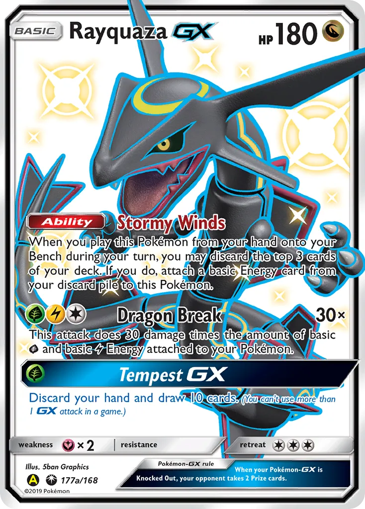 Rayquaza-GX #177a, Celestial Storm 2019 Yellow A Hidden Fates Premium Collection