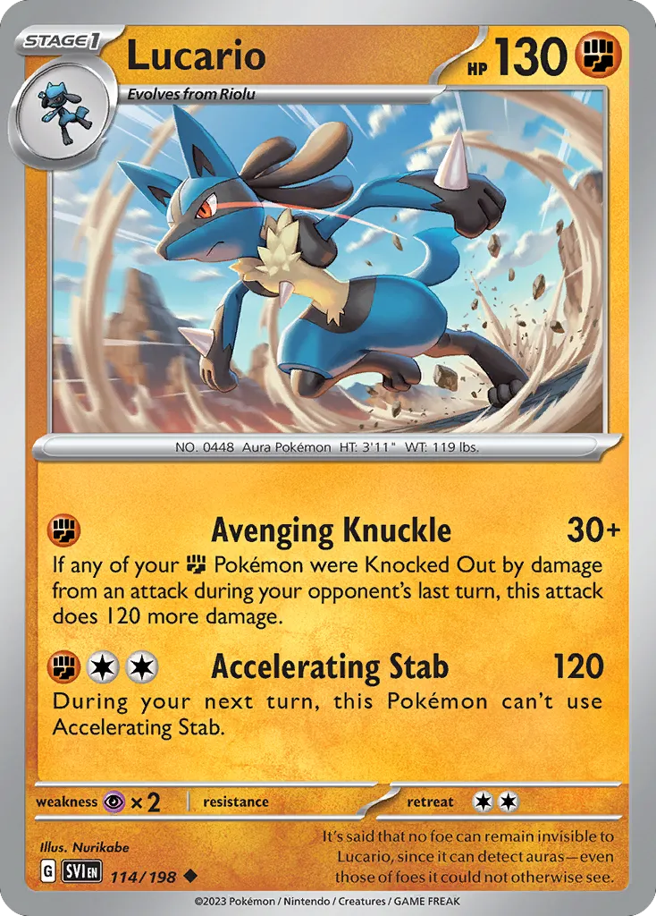 Lucario #114, Scarlet & Violet Reverse Holo