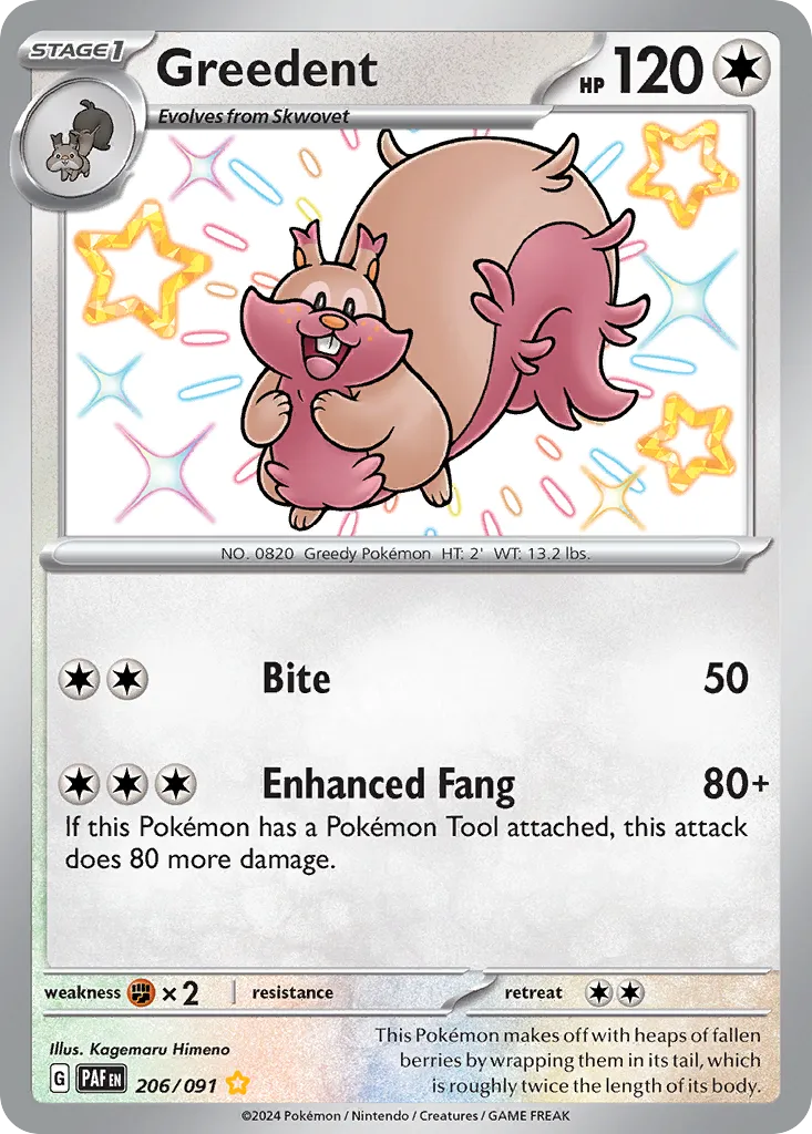Greedent #206, Paldean Fates Shiny Rare